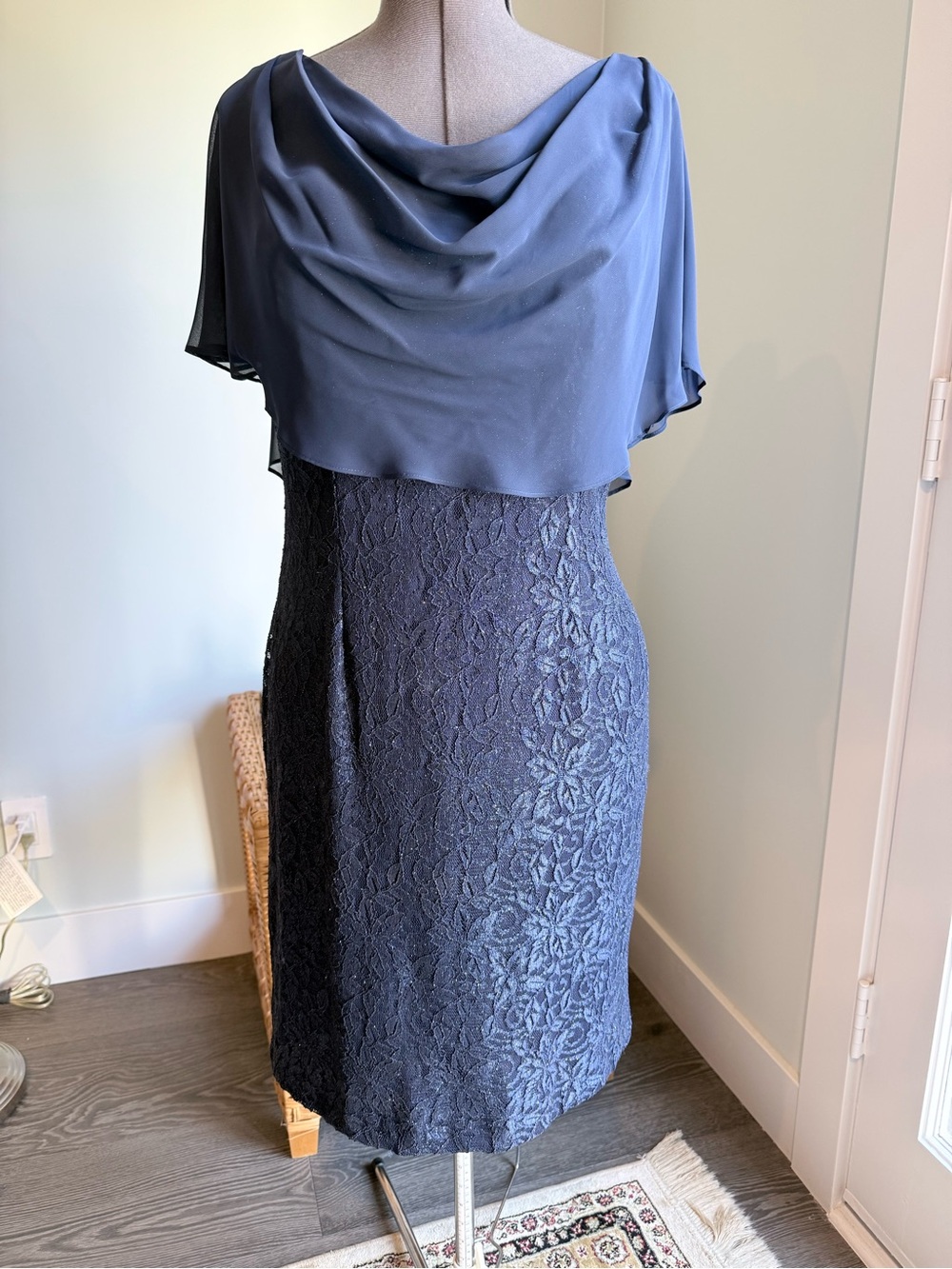 Jessica H Navy Lace Midi Dress with Draped Chiffon Yoke